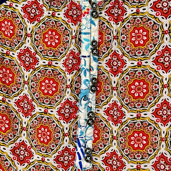 Maeve | Anthropologie Mandala Henley Boho V-Neckline Mixed Print Blouse Top - Picture 5 of 13